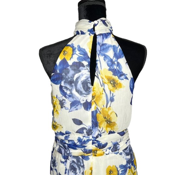 Enfocus Studio Dress Womens 10 Blue Yellow Sleeveless High Neck Floral Fit Flare - Picture 5 of 16
